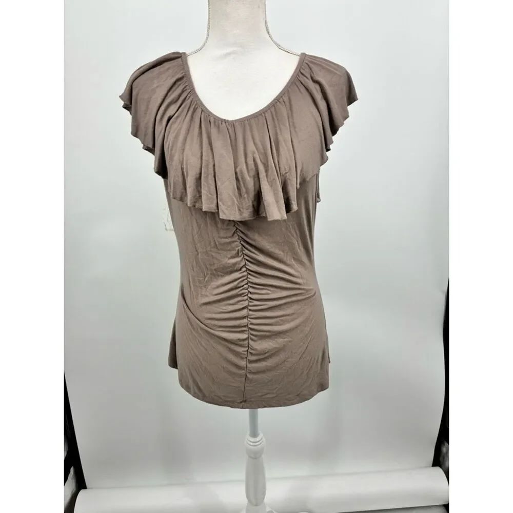 Kenar Taupe Ruffle Neck Ruched Top or off shoulder
